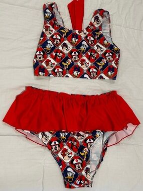 Women’s Red Character Print Two-Piece Swim Set with Ruffle Skirt